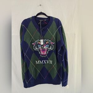HUDSON OUTERWEAR Green Argyle NWT L Sleeve Tiger Design Sweater. Mens 2xl